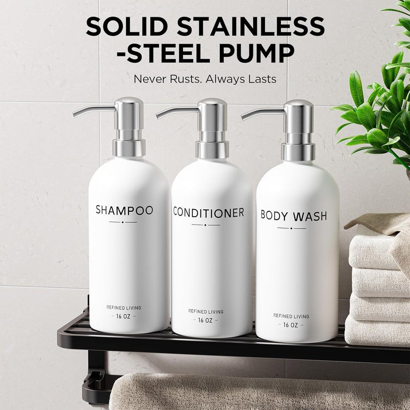 Aeakey Shampoo and Conditioner Dispenser Set,3 Refillable 16oz Bottles with Stainless Steel Pumps – Shower Soap Dispensers for Bathroom, Hotel or Airbnb (Silver, 3-Pack) - Image 4